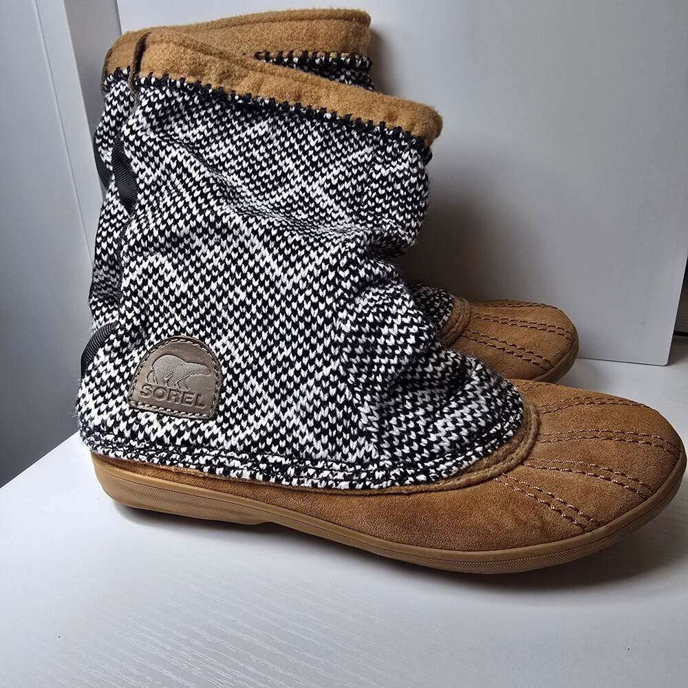 Sorel Tremblant Black/White Knit & Brown Suede Pull-On Slouch Boots